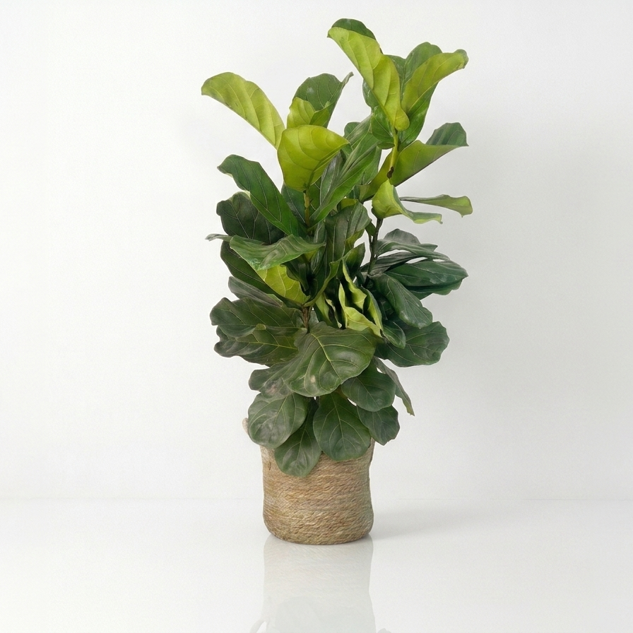 Potted fiddle leaf fig with green leaves on a white background