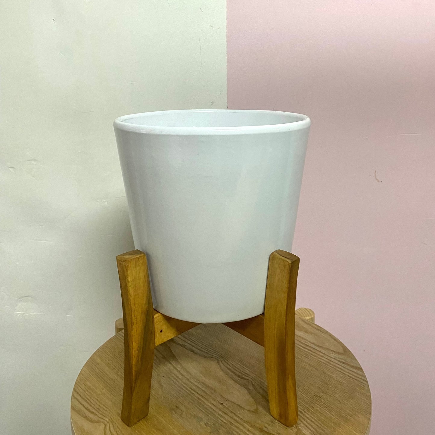 Ceramic Pot on Timber Quad Stand