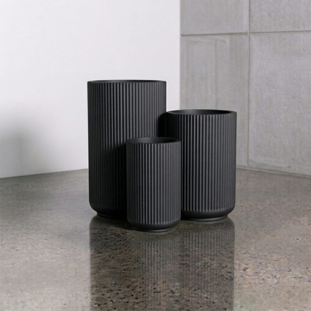 波紋高花盆 - 黑色